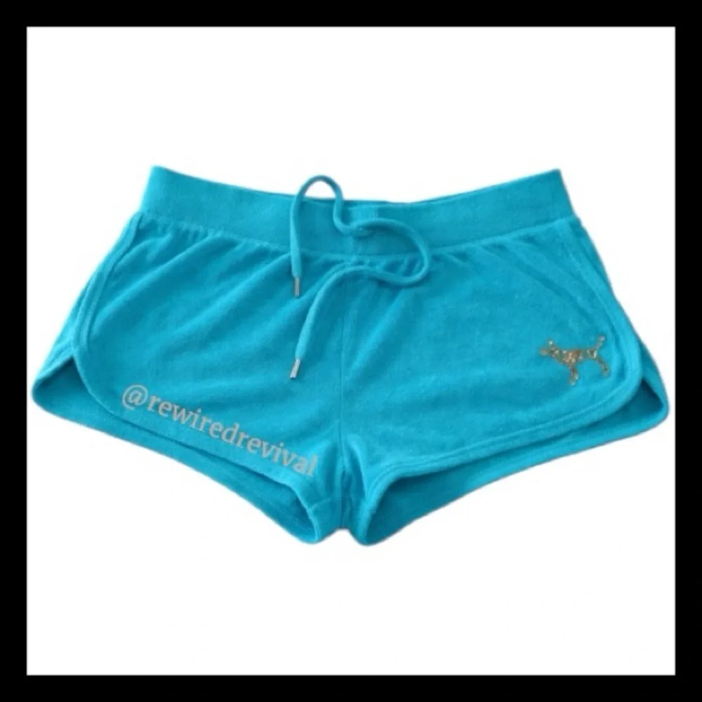 πVintage Victoria's Secret PINK 2012 Turquoise Velour Gold Sequin Short Set M/Sπ - Picture 6 of 8